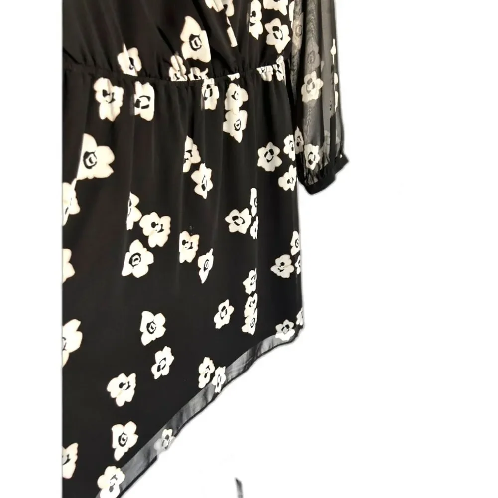 EXPRESS Black White Floral All Over Print Sheer Sleeves Fit Flare Women's Size M
